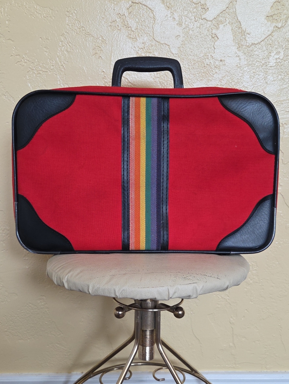 Vintage Peter's Bag Small Suitcase Red Rainbow Stripe Top Handle Zip Closure